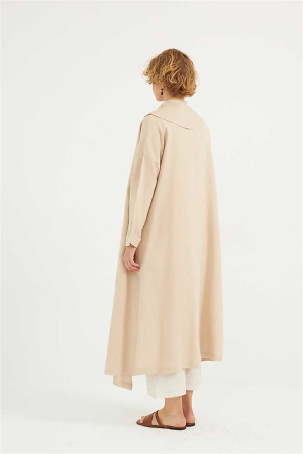 Dökümlü Ham Keten Kaftan Krem