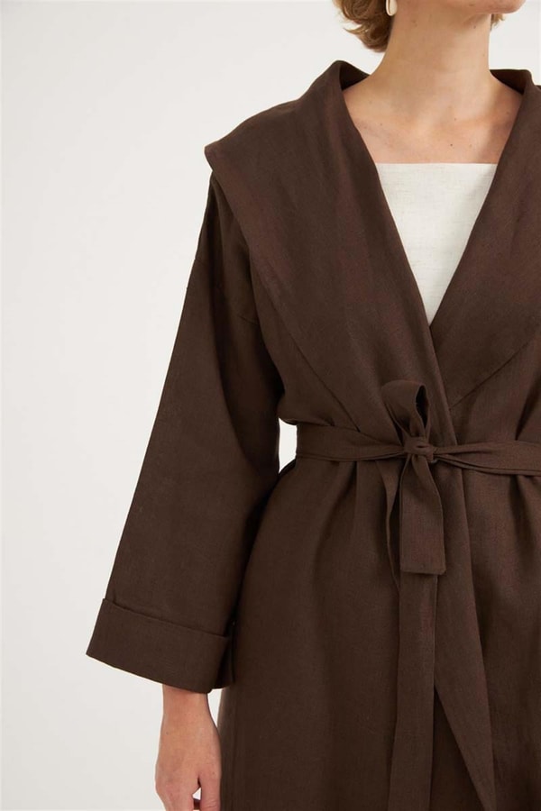 Dökümlü Ham Keten Kaftan Acı kahve