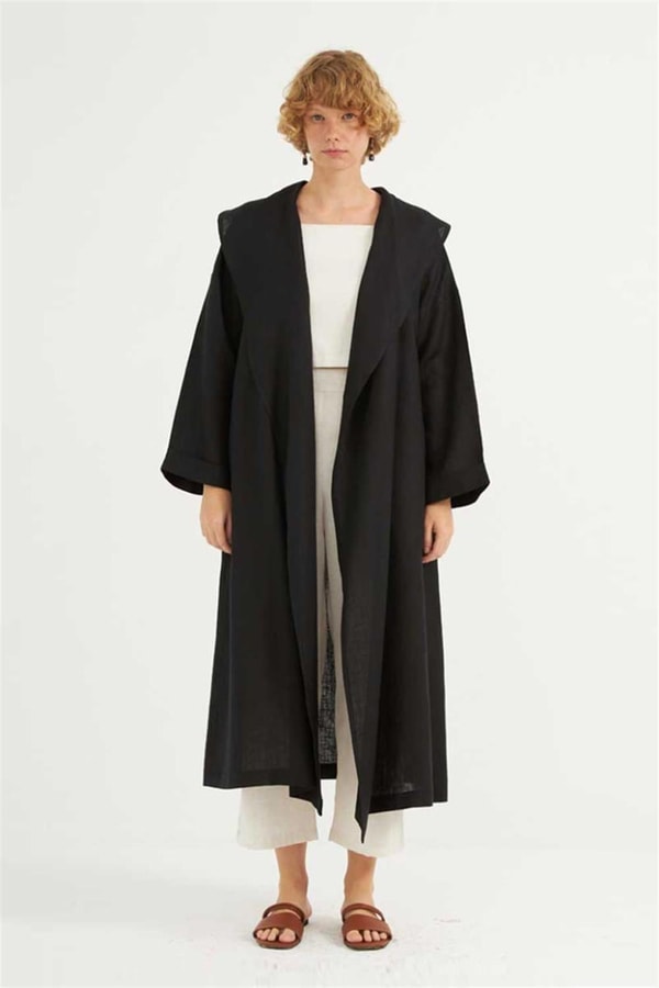 Dökümlü Ham Keten Kaftan Siyah