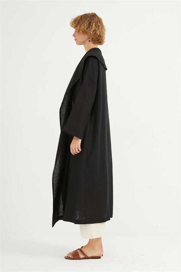 Dökümlü Ham Keten Kaftan Siyah
