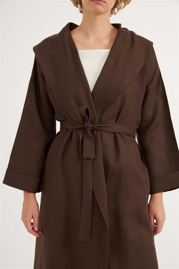 Dökümlü Ham Keten Kaftan Acı kahve