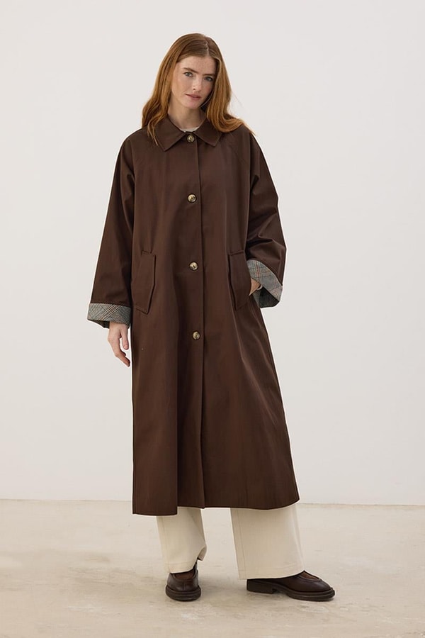 Ekose Manşetli Uzun Trençkot Acı kahve