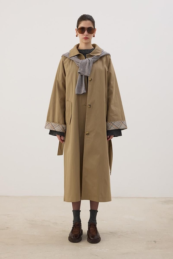 Ekose Manşetli Uzun Trençkot Camel