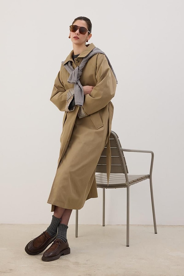 Ekose Manşetli Uzun Trençkot Camel