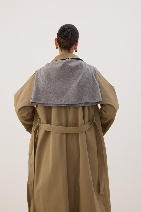 Ekose Manşetli Uzun Trençkot Camel