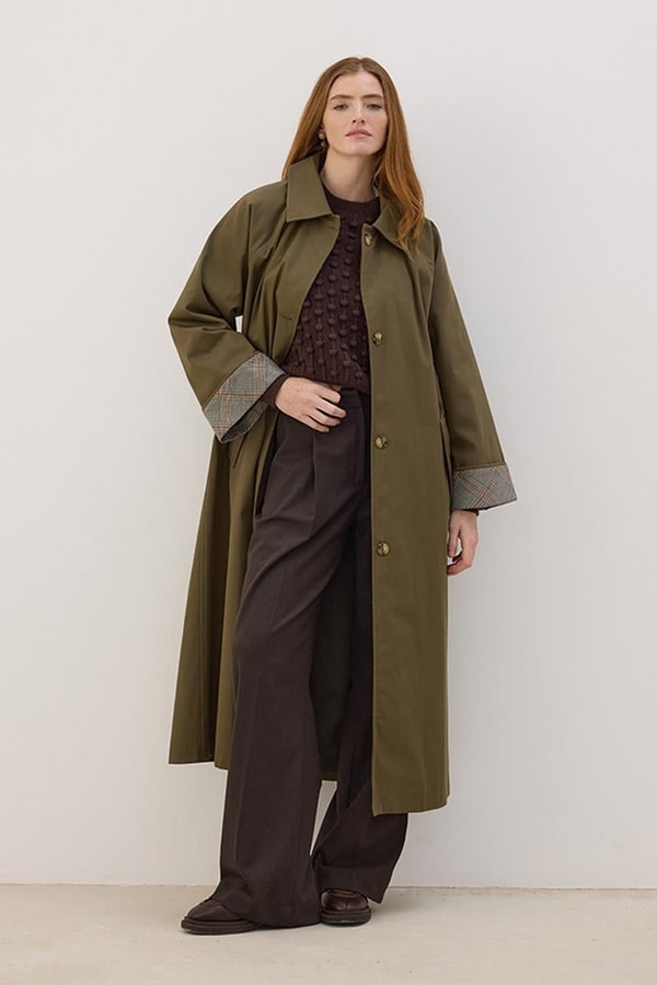 Ekose Manşetli Uzun Trençkot Haki