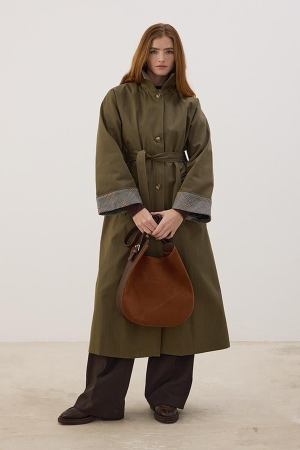 Ekose Manşetli Uzun Trençkot Haki