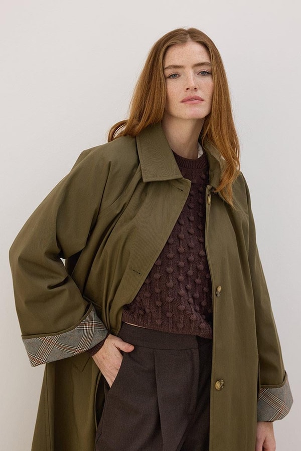 Ekose Manşetli Uzun Trençkot Haki