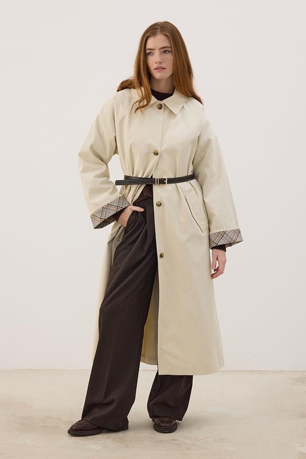 Ekose Manşetli Uzun Trençkot Taş