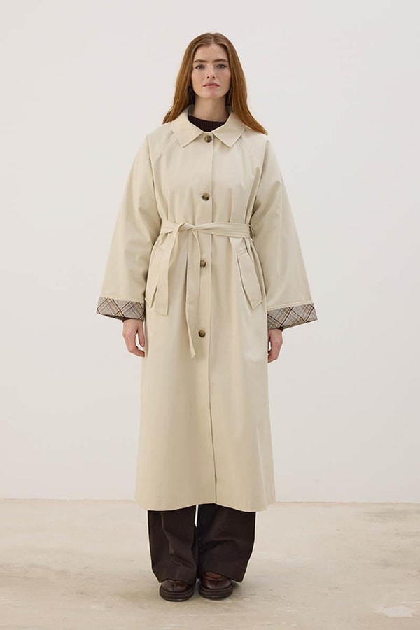 Ekose Manşetli Uzun Trençkot Taş