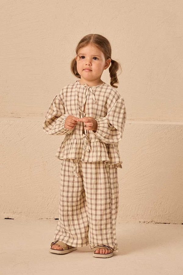 Ekoseli Çocuk Kimono Takım Kahverengi