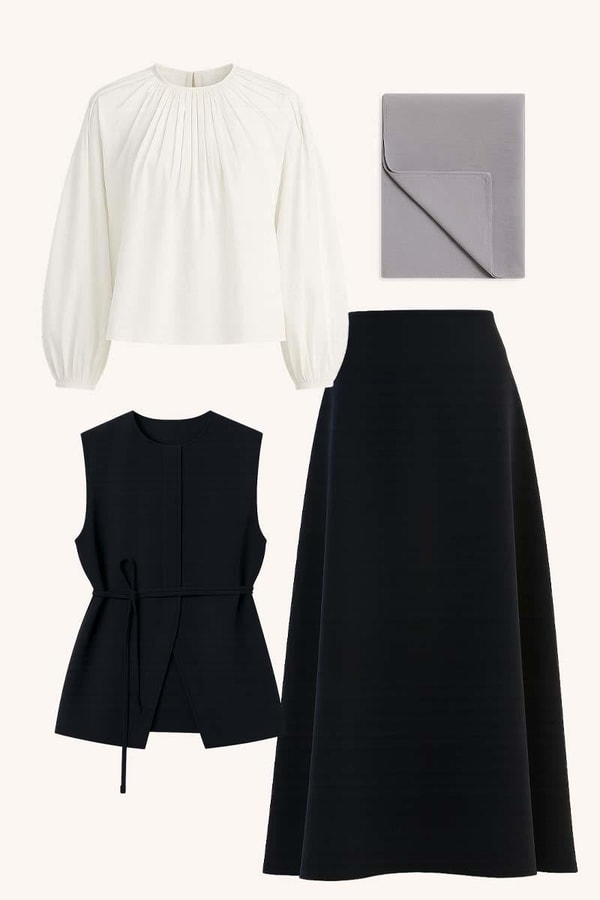 Ekru Bluz, Lacivert Etek, Kemerli Yelek, Jazz Şal Kombin