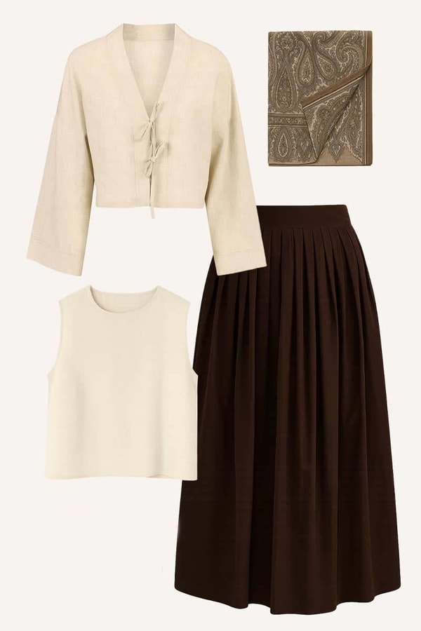 Ekru Keten Kimono, Kolsuz Bluz, Pileli Etek, Etnik Şal Kombin