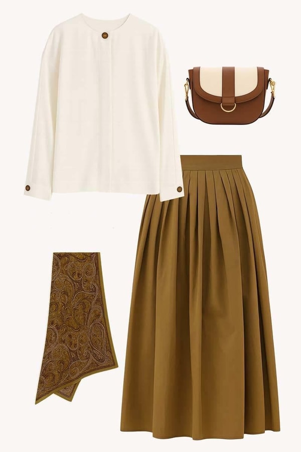 Ekru Tensel Bluz, Zeytin Yeşili Etek, Kemer, Bohem Şal Kombin