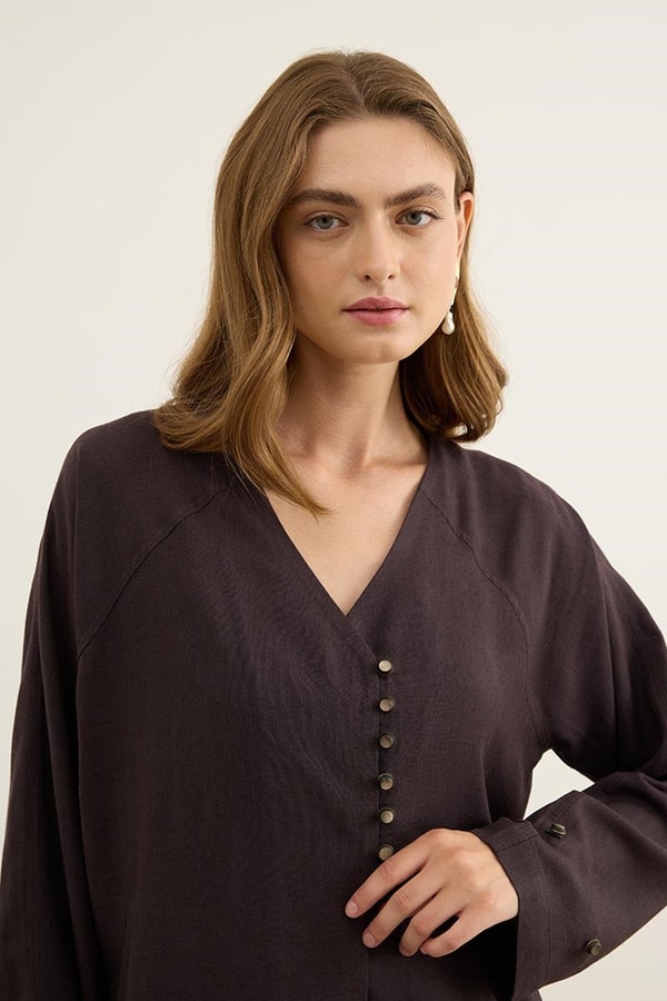 Eskitme Düğmeli Kimono Acı kahve
