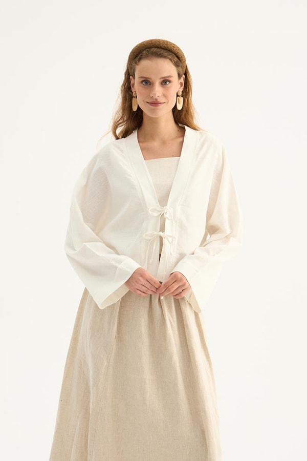 Etek Üstü Keten Kimono Ekru