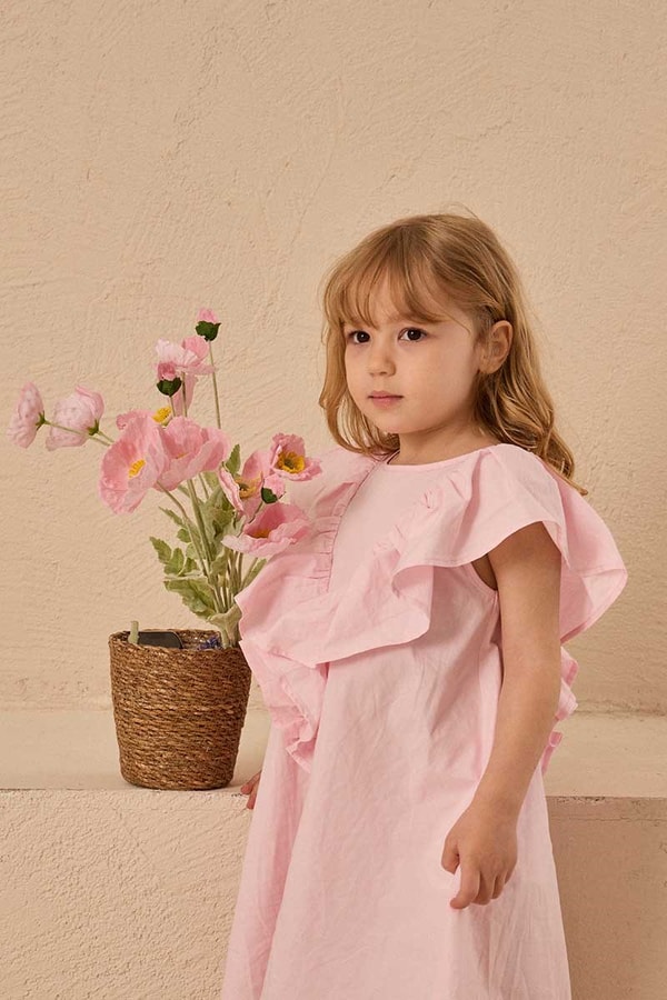 Fırfırlı Poplin Çocuk Elbise Pembe