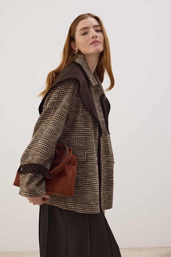 Kadife Fularlı Ekoseli Ceket Kahverengi