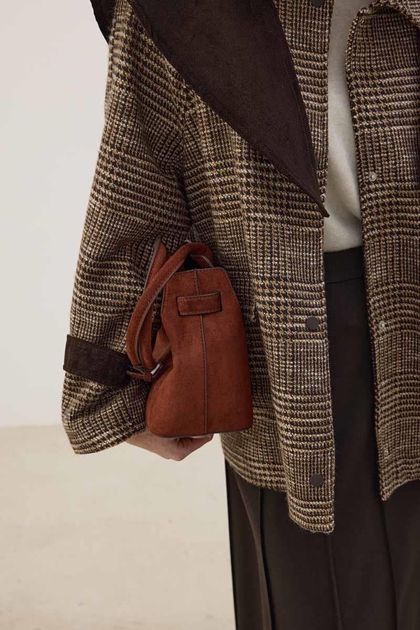 Kadife Fularlı Ekoseli Ceket Kahverengi