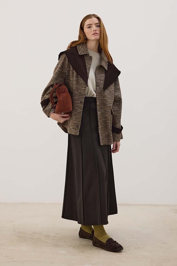 Kadife Fularlı Ekoseli Ceket Kahverengi