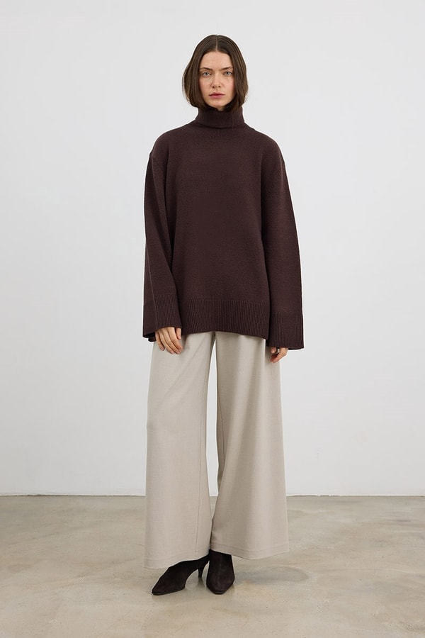 Oversize Balıkçı Yaka Triko Tunik Acı kahve