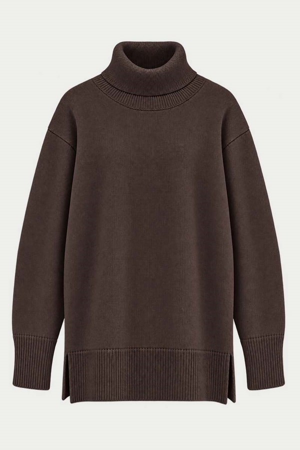 Oversize Balıkçı Yaka Triko Tunik Acı kahve