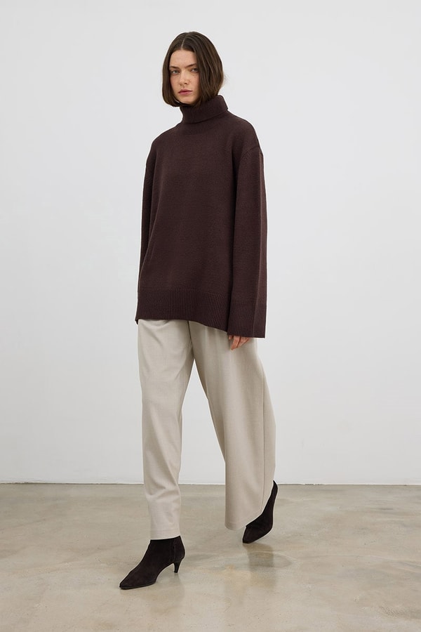Oversize Balıkçı Yaka Triko Tunik Acı kahve