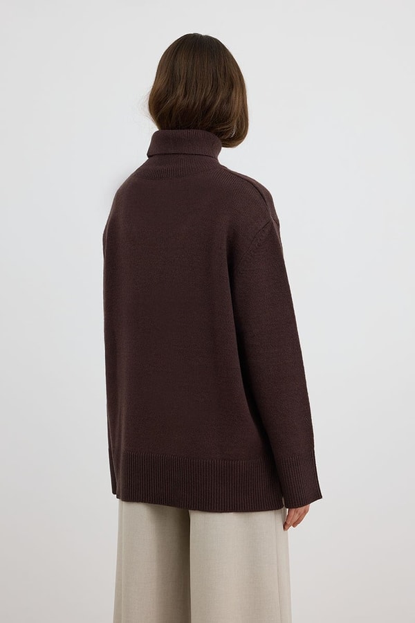Oversize Balıkçı Yaka Triko Tunik Acı kahve