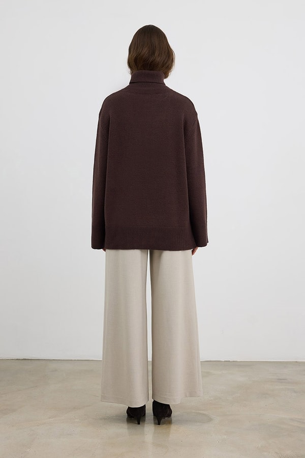 Oversize Balıkçı Yaka Triko Tunik Acı kahve