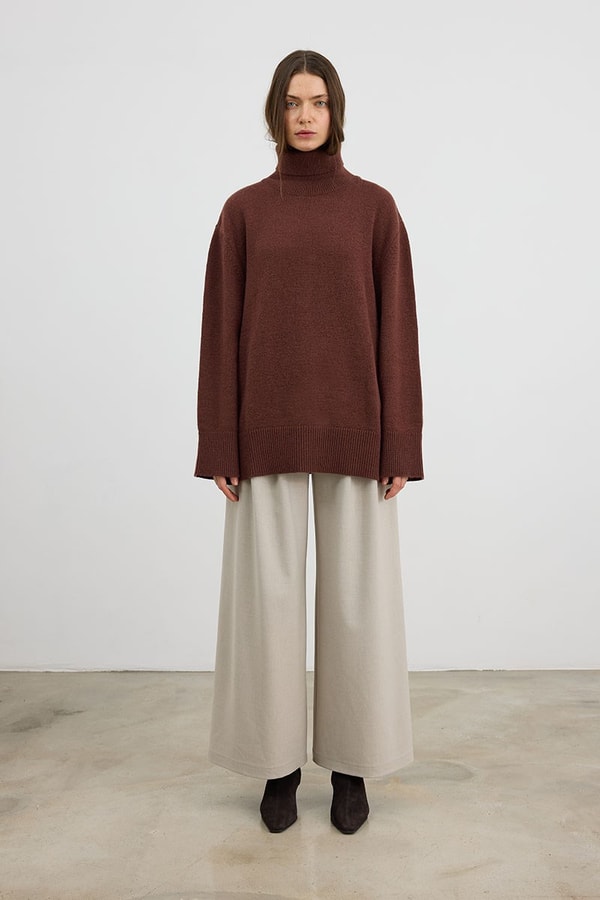 Oversize Balıkçı Yaka Triko Tunik Kızıl Kahve