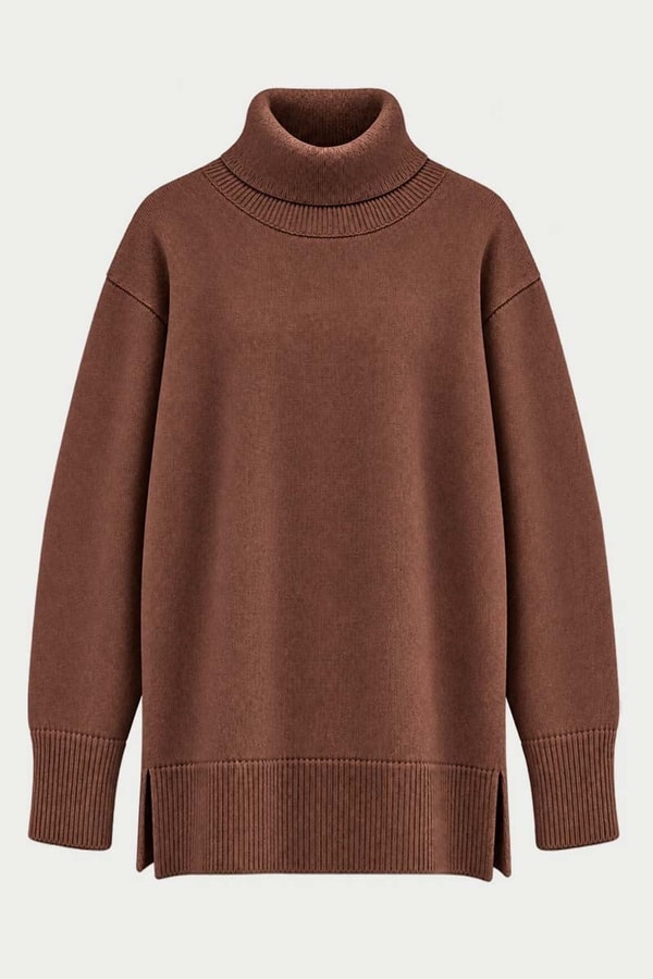 Oversize Balıkçı Yaka Triko Tunik Kızıl Kahve