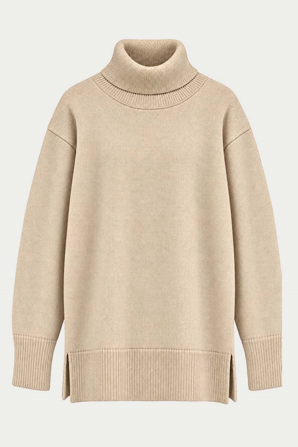 Oversize Balıkçı Yaka Triko Tunik Krem