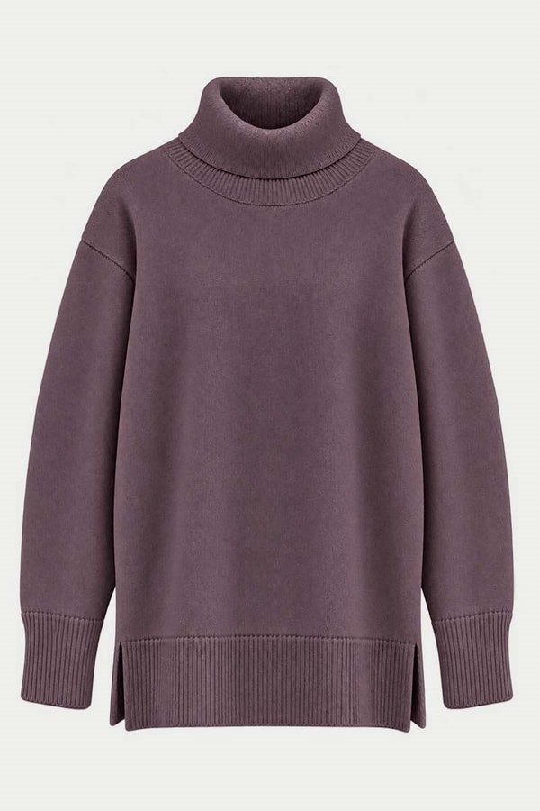 Oversize Balıkçı Yaka Triko Tunik Mürdüm