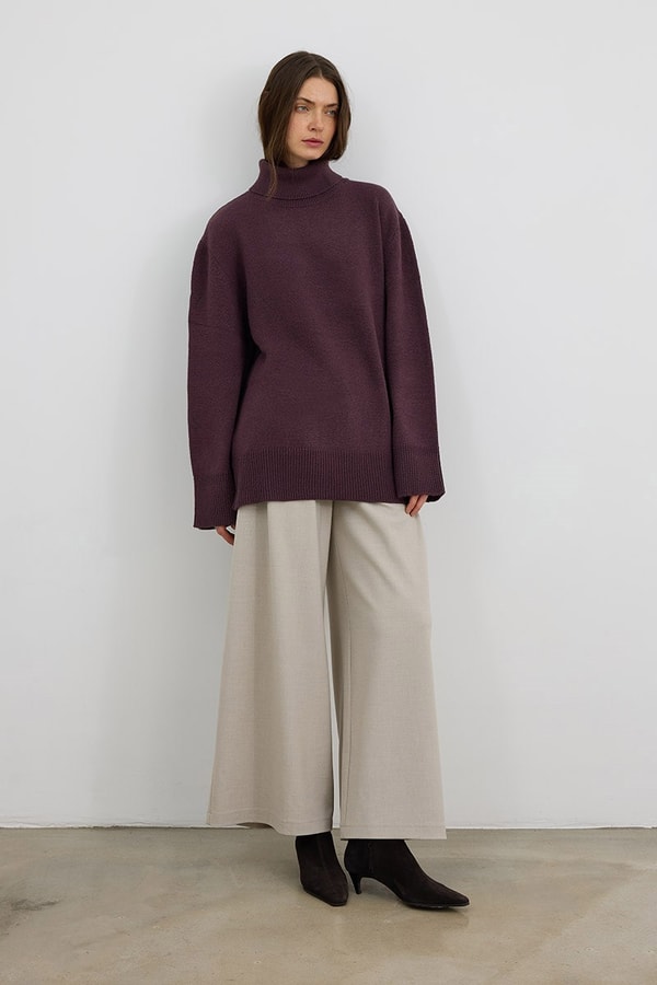 Oversize Balıkçı Yaka Triko Tunik Mürdüm