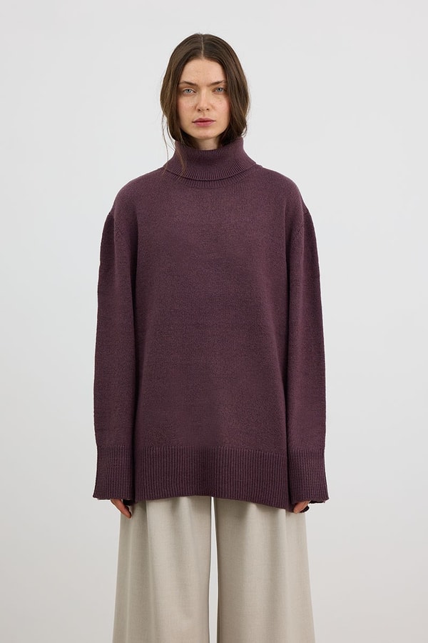 Oversize Balıkçı Yaka Triko Tunik Mürdüm