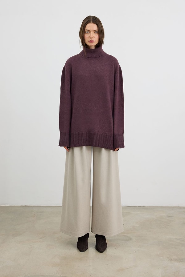 Oversize Balıkçı Yaka Triko Tunik Mürdüm