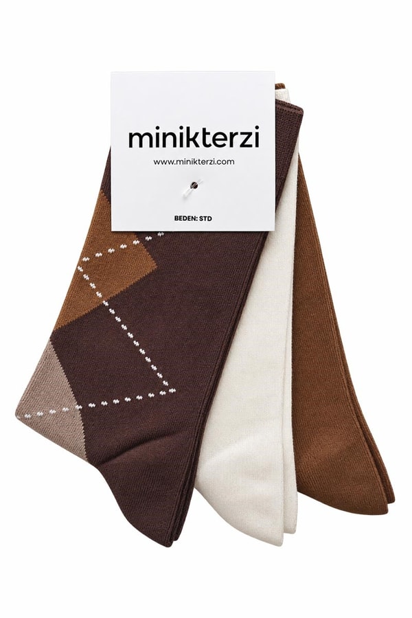 Pamuklu 3'lü Baklava Desen Soket Çorap Seti Acı Kahve - Düz Krem - Camel
