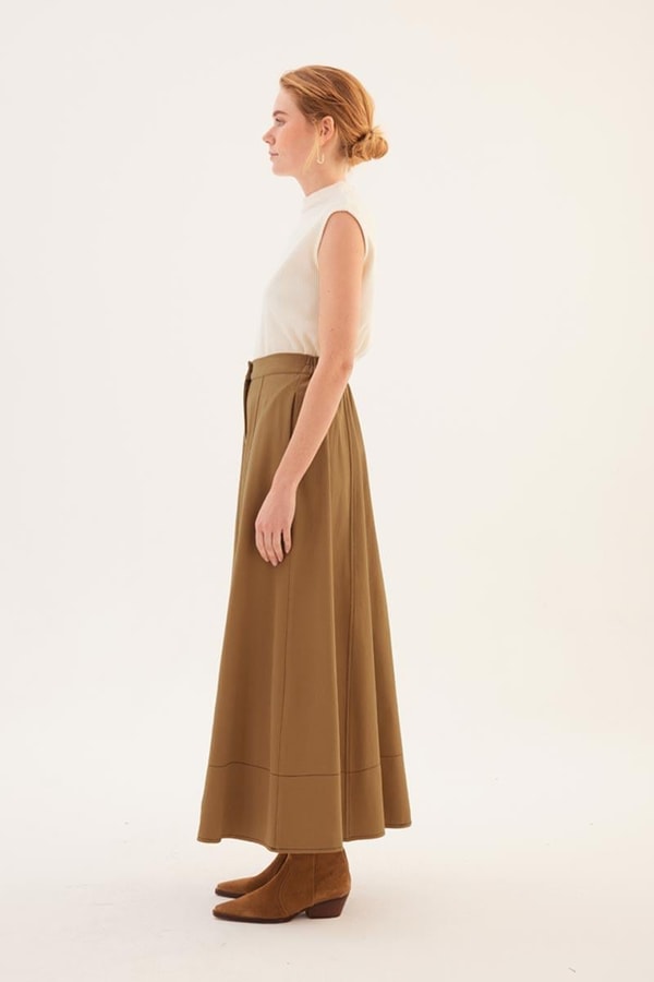 Parçalı Kanvas Etek Koyu camel