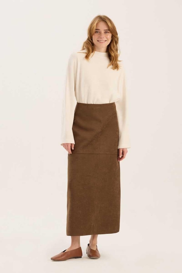 Parçalı Süet Etek Koyu camel