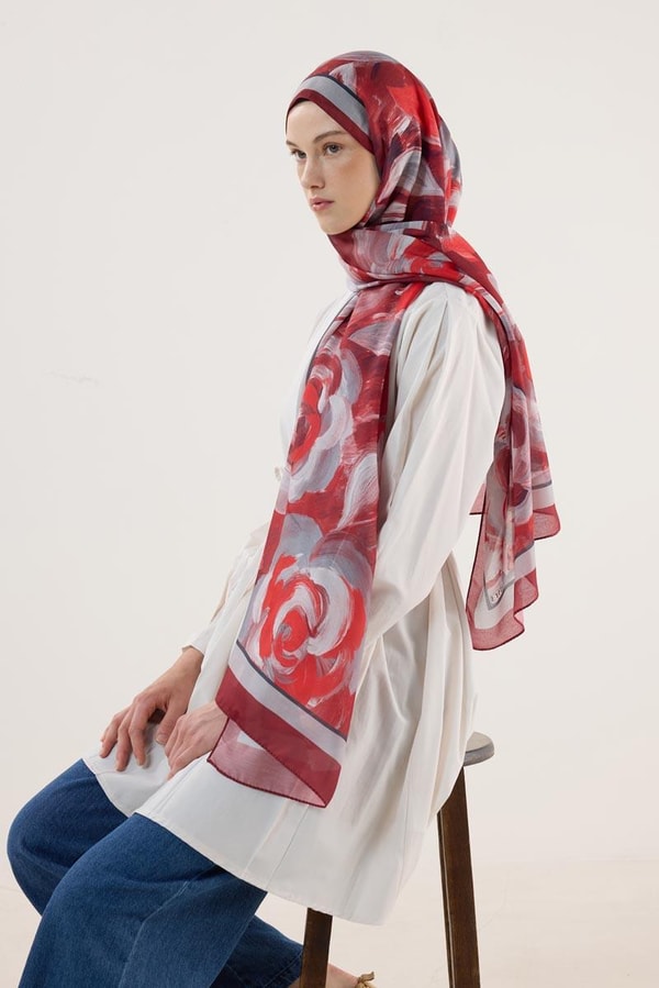 Pastel Çiçek Desenli Şal Bordo-Gri