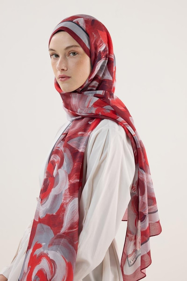 Pastel Çiçek Desenli Şal Bordo-Gri