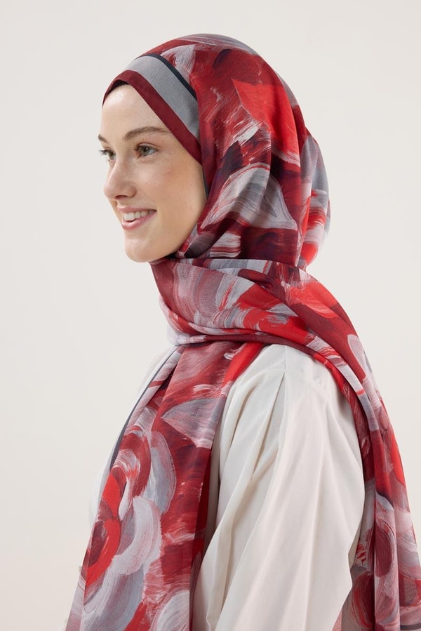 Pastel Çiçek Desenli Şal Bordo-Gri