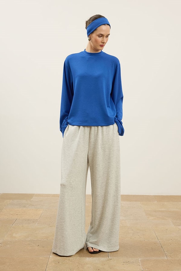 Rahat Kesim Basic Sweatshirt Kobalt Mavisi