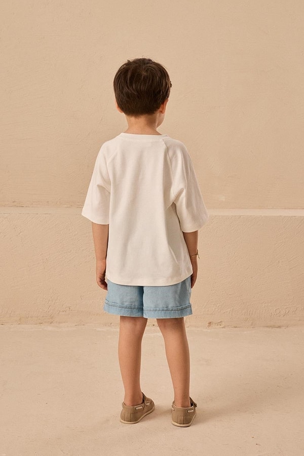 Reglan Kollu Nakışlı Çocuk Tshirt Ekru-Yosun Nakışlı