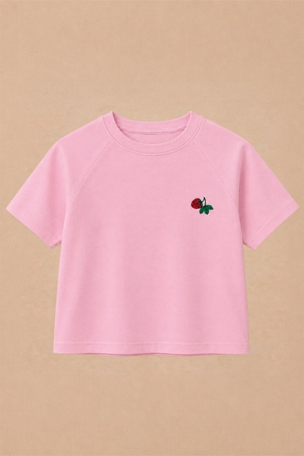 Reglan Kollu Nakışlı Çocuk Tshirt Pembe-Çilek Nakışlı