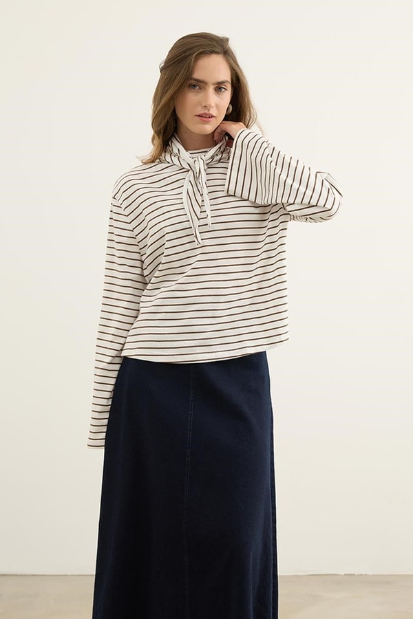 Seyyar Parçalı Çizgili Sweatshirt Kahverengi