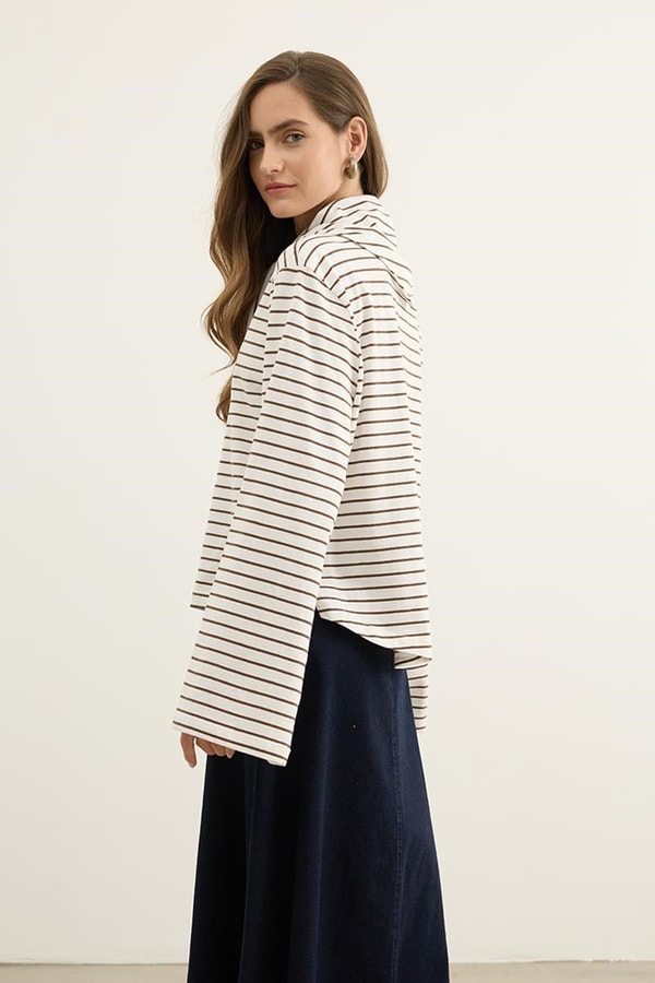 Seyyar Parçalı Çizgili Sweatshirt Kahverengi
