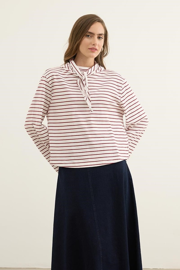 Seyyar Parçalı Çizgili Sweatshirt Kırmızı