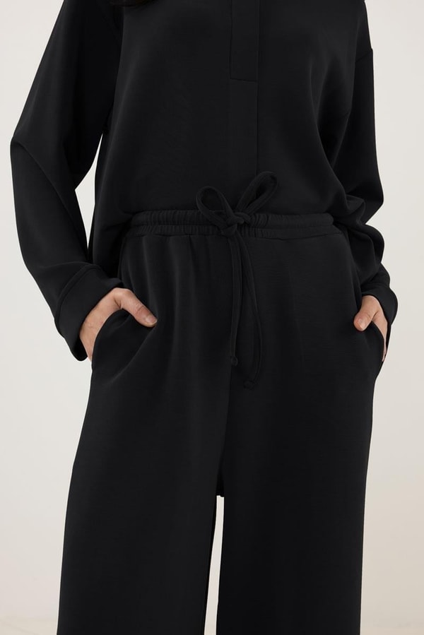 Siyah Sweatshirt Bağcıklı Eşofman Takım