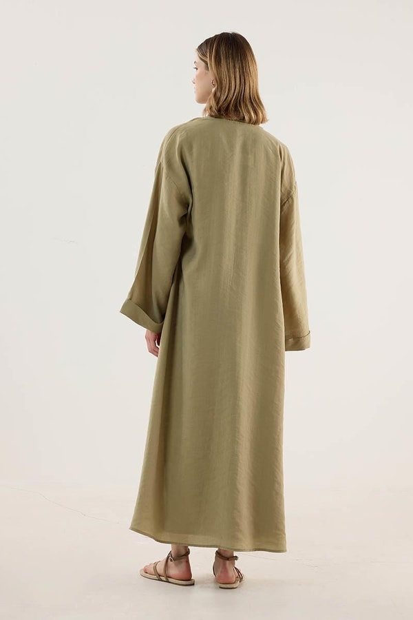 Taşlanmış İnce Tensel Abaya Zeytin Yeşili